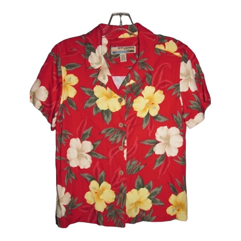 Hawaiian Aloha VTG Sunset Cove Where Dreams Are Made Red Hibiscus Rayon